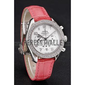 Omega Speedmaster White Dial Stainless Steel Case Diamond Bezel Pink Leather Strap Replica