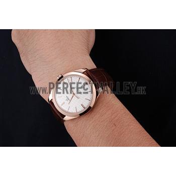 Swiss Omega DeVille Tresor White Dial Gold Case Brown Leather Strap  622846