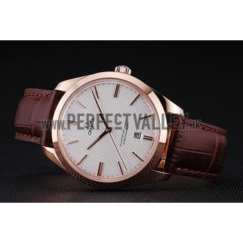 Swiss Omega DeVille Tresor White Dial Gold Case Brown Leather Strap  622846