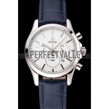 Omega Chronograph White Dial Stainless Steel Case Blue Leather Strap