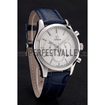 Omega Chronograph White Dial Stainless Steel Case Blue Leather Strap