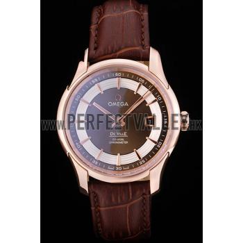 Omega Swiss DeVille Rose Gold Bezel Brown Leather Strap 7614