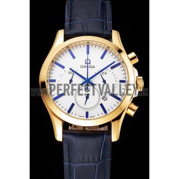 Cheap Omega Chronograph White Dial Gold Case Blue Leather Strap