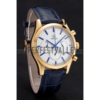 Cheap Omega Chronograph White Dial Gold Case Blue Leather Strap