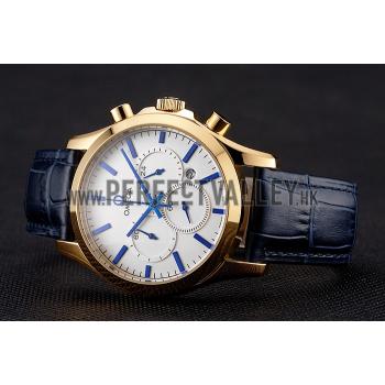 Cheap Omega Chronograph White Dial Gold Case Blue Leather Strap