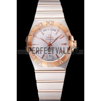 Swiss Omega Constellation White Dial Stainless Steel Case Rose Gold Bezel Two Tone Bracelet