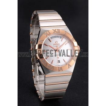 Swiss Omega Constellation White Dial Stainless Steel Case Rose Gold Bezel Two Tone Bracelet