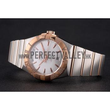 Swiss Omega Constellation White Dial Stainless Steel Case Rose Gold Bezel Two Tone Bracelet