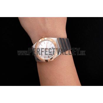 Swiss Omega Constellation White Dial Stainless Steel Case Rose Gold Bezel Two Tone Bracelet