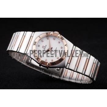 Omega Swiss Constellation Jewelry Rose Gold Case Small Radial Emblem White Dial Replica