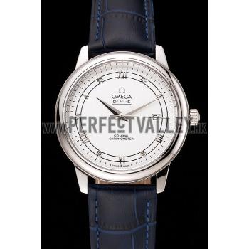 Omega De Ville Prestige White Dial Stainless Steel Case Blue Leather Strap