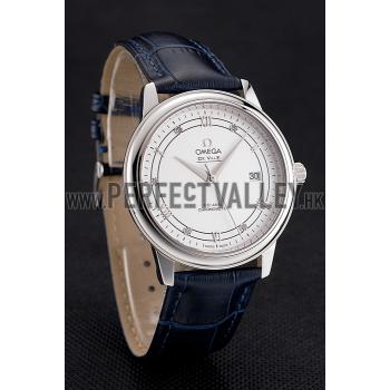 Omega De Ville Prestige White Dial Stainless Steel Case Blue Leather Strap