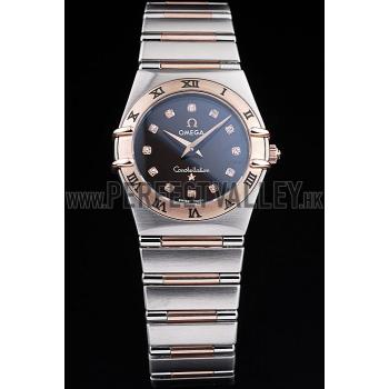 Omega Swiss Constellation Jewelry Rose Gold Case Black Dial  98114