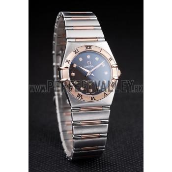 Omega Swiss Constellation Jewelry Rose Gold Case Black Dial  98114