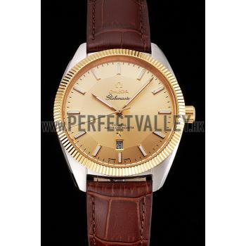 Omega Globemaster Gold Dial And Bezel Stainless Steel Case Brown Leather Strap