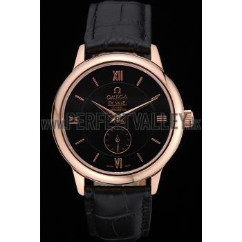 Replica Omega DeVille Prestige Small Seconds Black Dial Gold Case Black Leather Bracelet  622602