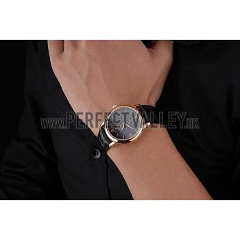 Replica Omega DeVille Prestige Small Seconds Black Dial Gold Case Black Leather Bracelet  622602