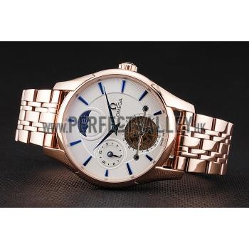 Omega De Ville Moonphase Tourbillon White Dial Blue Hands Rose Gold Case And Bracelet Replica