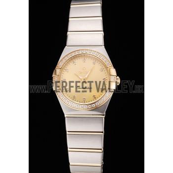 Swiss Lady Omega Constellation Crystal Encrusted Bezel Golden Dial 80293