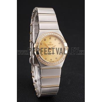 Swiss Lady Omega Constellation Crystal Encrusted Bezel Golden Dial 80293