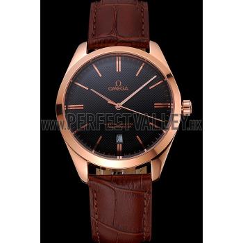 Cheap Omega Tresor Master Co-Axial Black Dial Rose Gold Case Brown Leather Strap