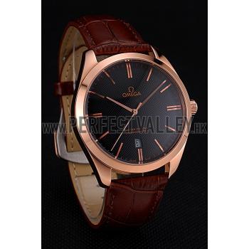 Cheap Omega Tresor Master Co-Axial Black Dial Rose Gold Case Brown Leather Strap