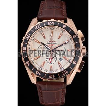 Omega Seamaster Aqua Terra Chrono GMT Ivory Dial Brown Leather Bracelet  622534 Replica