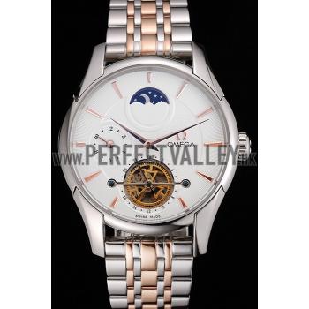 Cheap Omega De Ville Moonphase Tourbillon White Dial Stainless Steel Case Two Tone Steel Rose Gold Bracelet