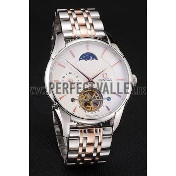 Cheap Omega De Ville Moonphase Tourbillon White Dial Stainless Steel Case Two Tone Steel Rose Gold Bracelet