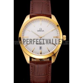 Omega Tresor Master Co-Axial White Dial Gold Case Brown Leather Strap Replica