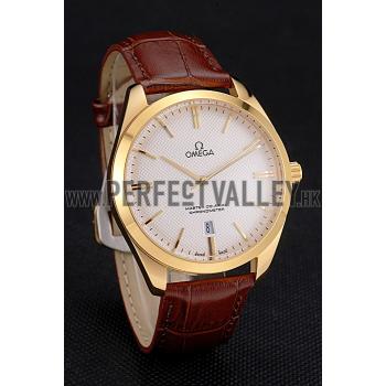 Omega Tresor Master Co-Axial White Dial Gold Case Brown Leather Strap Replica