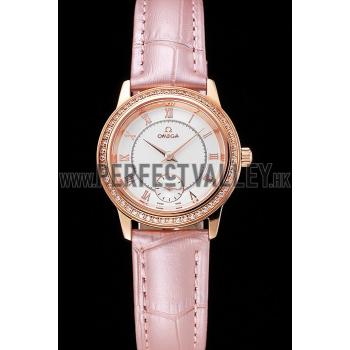 Omega De Ville Prestige Small Seconds White Dial Diamond Bezel Rose Gold Case Pink Leather Strap