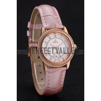 Omega De Ville Prestige Small Seconds White Dial Diamond Bezel Rose Gold Case Pink Leather Strap