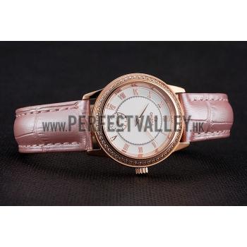 Omega De Ville Prestige Small Seconds White Dial Diamond Bezel Rose Gold Case Pink Leather Strap