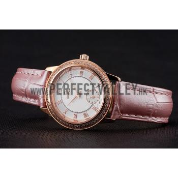 Omega De Ville Prestige Small Seconds White Dial Diamond Bezel Rose Gold Case Pink Leather Strap