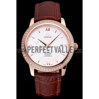 Omega De Ville Prestige Co-Axial White Dial Rose Gold Diamond Case Brown Leather Strap Roman Numeral Replica