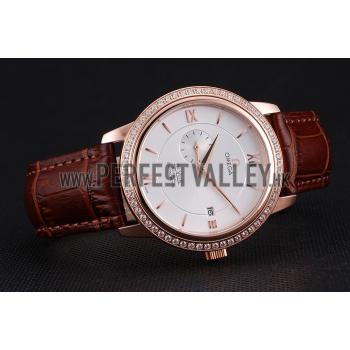 Omega De Ville Prestige Co-Axial White Dial Rose Gold Diamond Case Brown Leather Strap Roman Numeral Replica