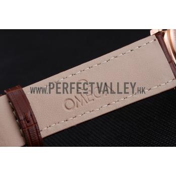 Omega De Ville Prestige Co-Axial White Dial Rose Gold Diamond Case Brown Leather Strap Roman Numeral Replica