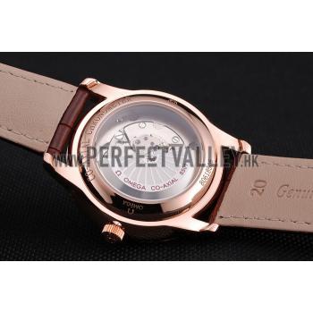 Omega De Ville Prestige Co-Axial White Dial Rose Gold Diamond Case Brown Leather Strap Roman Numeral Replica