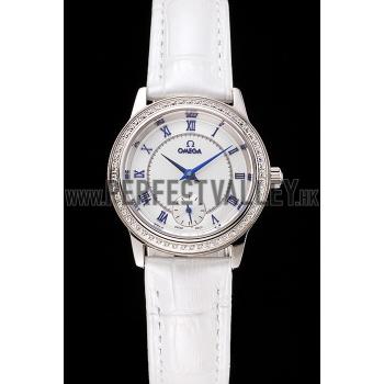 Replica Omega De Ville Prestige Small Seconds White Dial Diamond Bezel Stainless Steel Case White Leather Strap