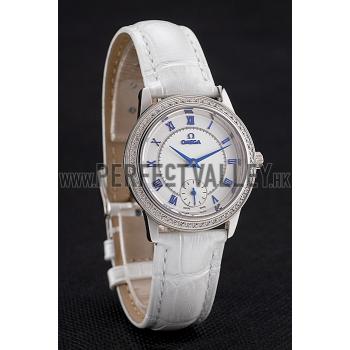 Replica Omega De Ville Prestige Small Seconds White Dial Diamond Bezel Stainless Steel Case White Leather Strap