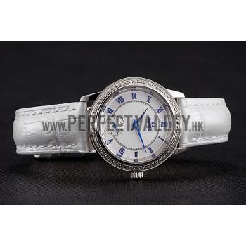 Replica Omega De Ville Prestige Small Seconds White Dial Diamond Bezel Stainless Steel Case White Leather Strap