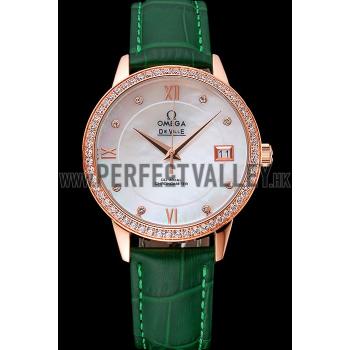 Omega DeVille Prestige Co-Axial Diamond Gold Case Mother-Of-Pearl Dial Green Leather Strap