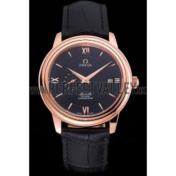 Replica Omega De Ville Prestige Co-Axial Black Dial Rose Gold Case Black Leather Strap Roman Numeral