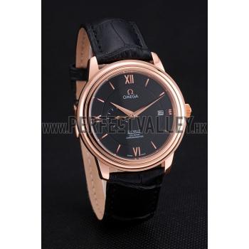 Replica Omega De Ville Prestige Co-Axial Black Dial Rose Gold Case Black Leather Strap Roman Numeral