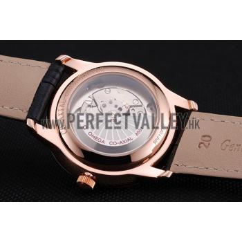 Replica Omega De Ville Prestige Co-Axial Black Dial Rose Gold Case Black Leather Strap Roman Numeral