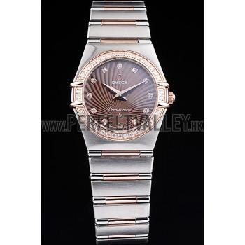 Replica Omega Swiss Constellation Jewelry Diamond Case Radial Emblem Brown Dial  98117