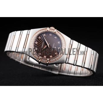 Replica Omega Swiss Constellation Jewelry Diamond Case Radial Emblem Brown Dial  98117