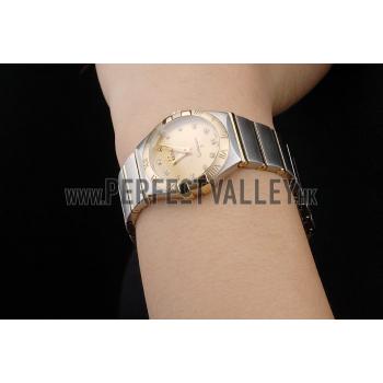 Swiss Lady Omega Constellation Stainless Steel Bracelet Golden Dial 80292