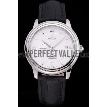 Cheap Omega De Ville Prstige Co-Axial White Dial Silver Case Black Leather Strap Roman Numeral